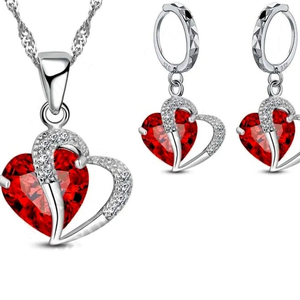⭐4pc Bundle Sale⭐ Red Diamond Hearts Pendant And Earrings &18" Chain 925 Silver